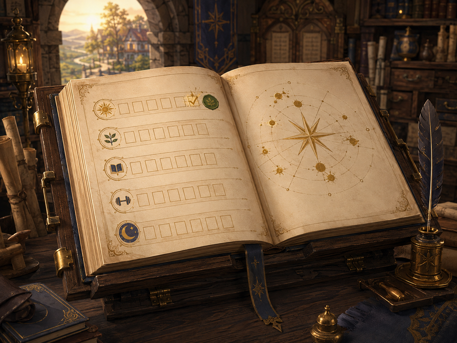 An open grimoire, its pages ruled for the day's quests