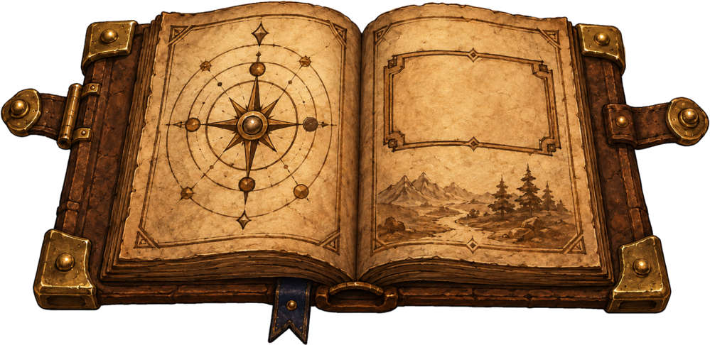 An open codex with a compass rose