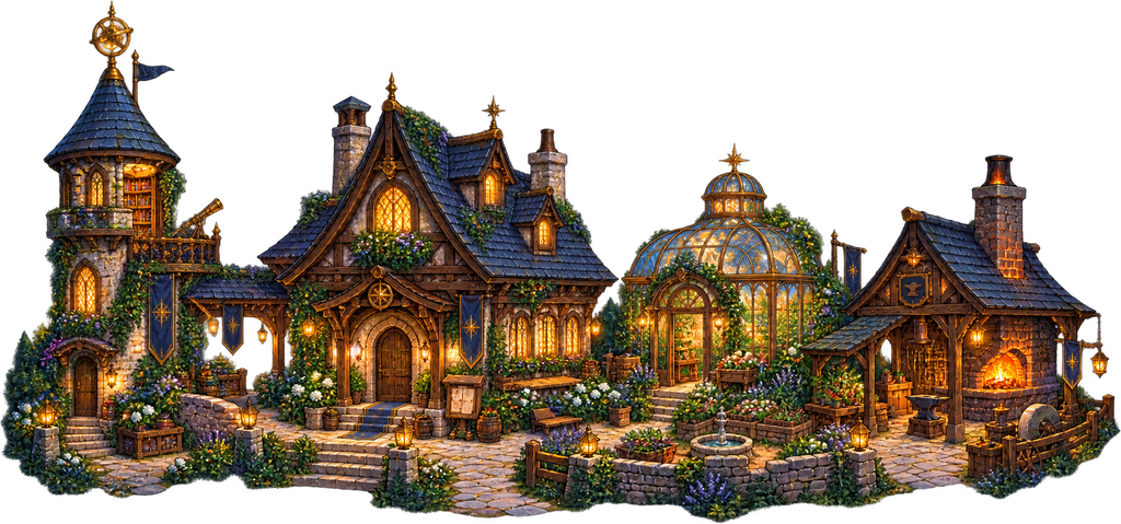 A homestead of lit cottages